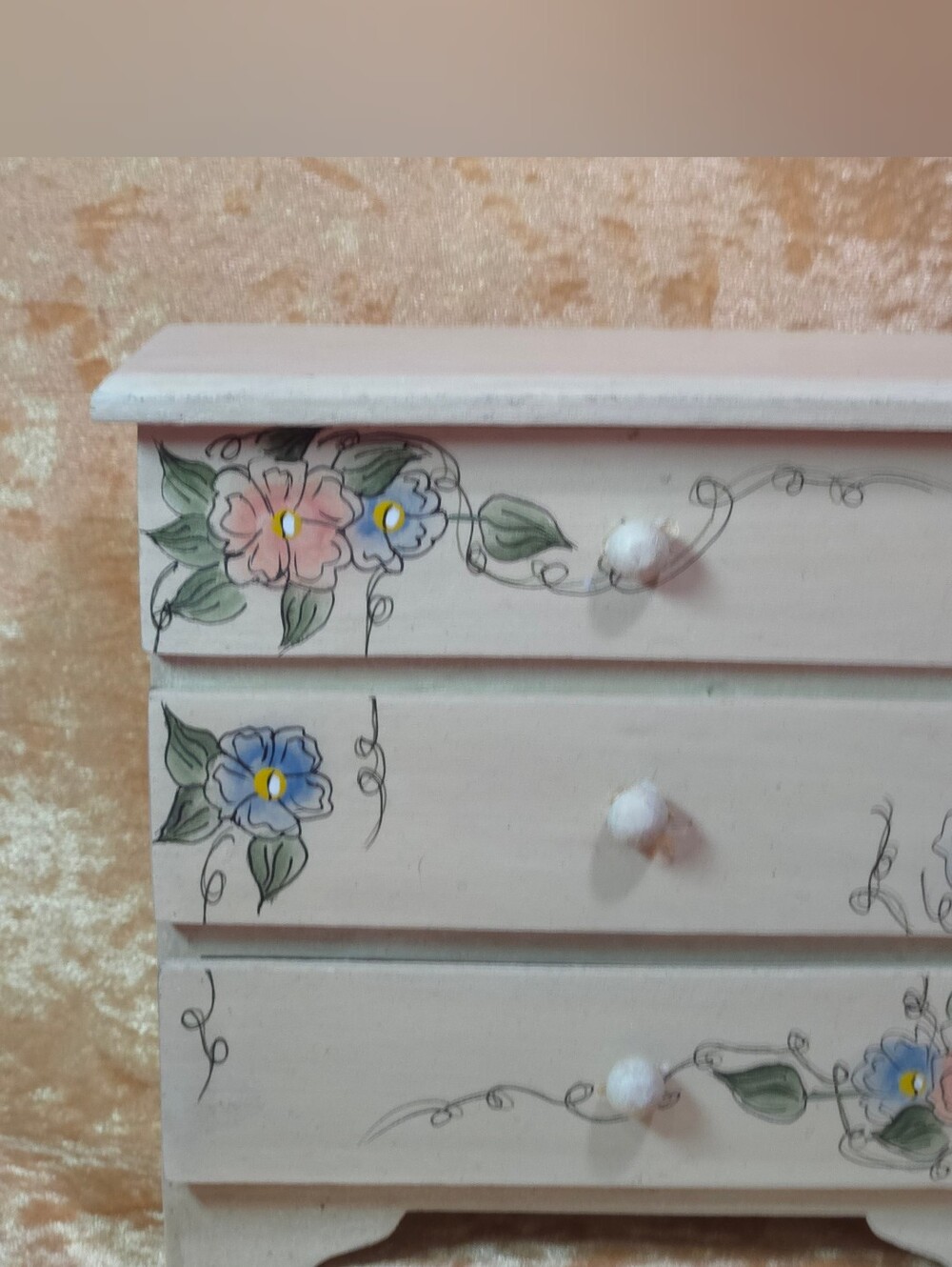 Vintage 1993 Hand Painted Wooden Miniature 3 Drawer Jewelry Chest
